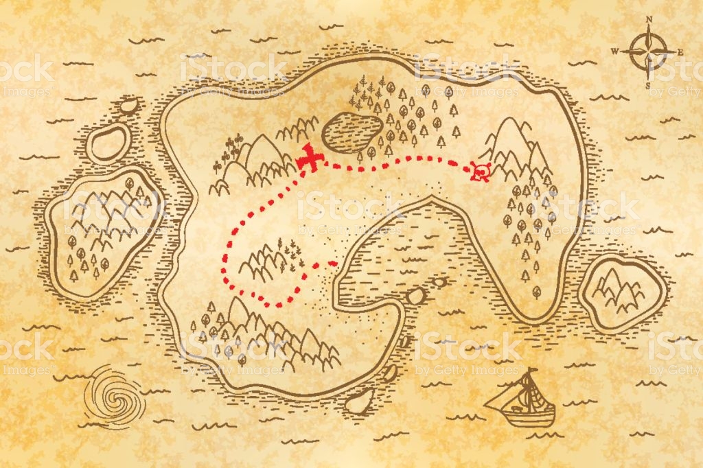 Ancient pirate map on old textured paper with red path to treasure